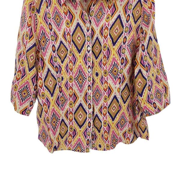 Chico's Top Blouse NO-IRON Ikat Linen Button-Back Shirt Size 2 Pink Southwestern - Picture 7 of 11